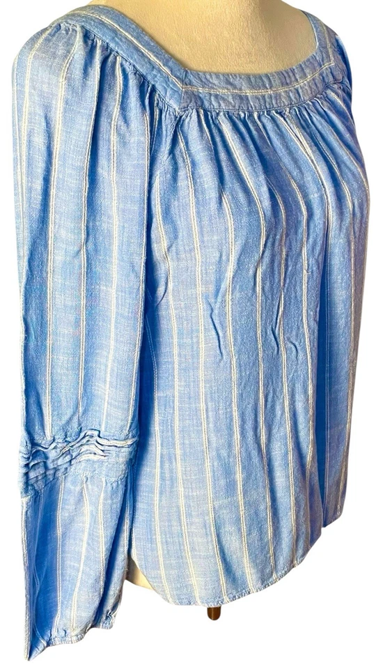 LC Lauren Conrad Top 女式 M 蓝色条纹农民长袖波西米亚 Y2K 荷叶边 — 第 3/4 张图片