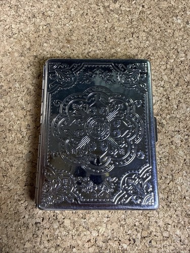 Vintage Cigarette Case Metal Ornate Embossed Floral Design Holder Compact 3”x4”