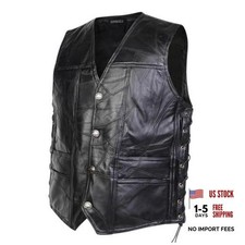 Motorcycle Genuine Leather Biker Vest for Men Club Style Classic 4X-Large Black