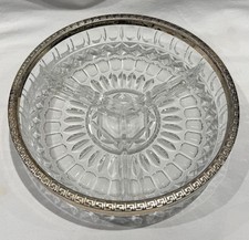 Vintage Heavy Clear Cut Glass Crystal Divided Bowl With Silver Plate Rim 9”