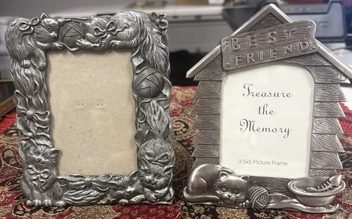 136-2 Vintage Pewter Cat Picture Frames 3.5x5” Kittens & Yarn And Best Friend 3D