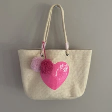 Capelli New York Straw Pink Heart Pink Pompom Tassels Shoulder Hand Bag