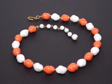 Vintage TRIFARI White & Faux Coral Bead Choker Necklace