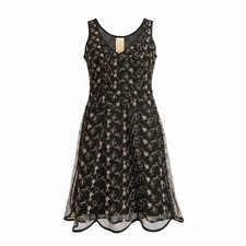 Vtg BETSEY JOHNSON Blk Gold Floral Mesh Dress Scalloped Hem SZ M Satin Trim NWT