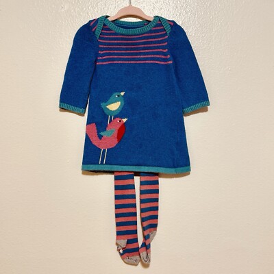 Mini boden birds kint dress with tights set 6-12m