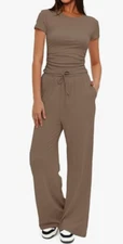 NEW Darong Women's Short Sleeve Wide Leg Pants 2 Piece Lounge Set Size Medium