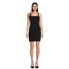 Planet Gold Juniors’ Square Neck Rhinestone Heart Mini Dress, Black Size M