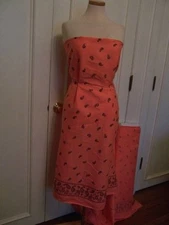 3yds FUN BRIGHT CORAL ITALIAN LINEN W/ BLK PAISLEY BORDER PRINT