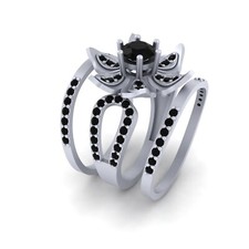 Black Onyx Flower Wedding Ring Set Sterling Silver Engagement Ring Band Set 3Pc