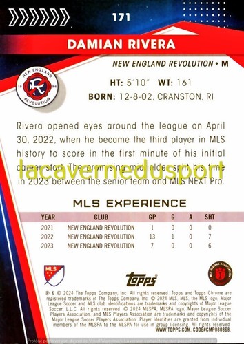171 DAMIAN RIVERA # NEW ENGLAND REVOLUTION TOPPS CHROME MLS 2024 - Picture 2 of 2