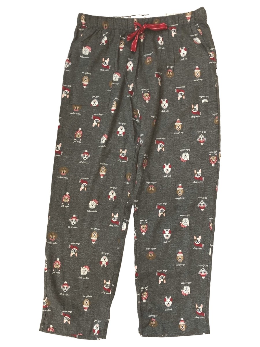 Womens Soft Gray Flannel Holiday Puppy Dog Sleep Pants Pajama Bottoms