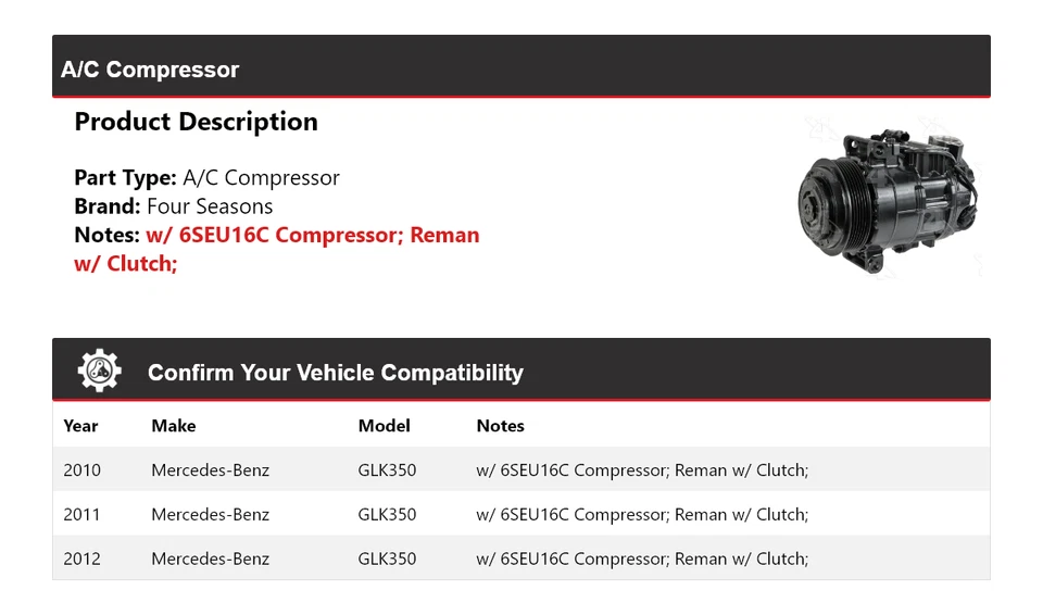 Compresor de aire acondicionado para Mercedes-Benz GLK350 2010-2012 4 estaciones 2011 Foto 2 de 4