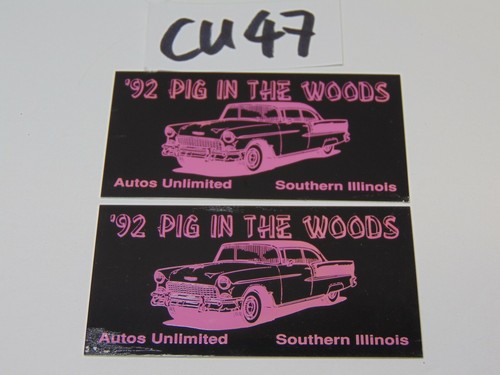 2 VINTAGE CAR SHOW BADGES EMBLEMS RAT HOT ROD SOUTHERN ILLINOIS PIG IN THE WOODS