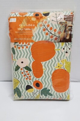 Mainstays 2017 60x84'' Rectangle Vinyl Tablecloth Floral Pumpkin Acorns Fall 
