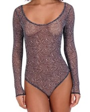 Steve Madden Women's Long-Sleeve Mesh Bodysuit SM11841, Black Marble, Size Small