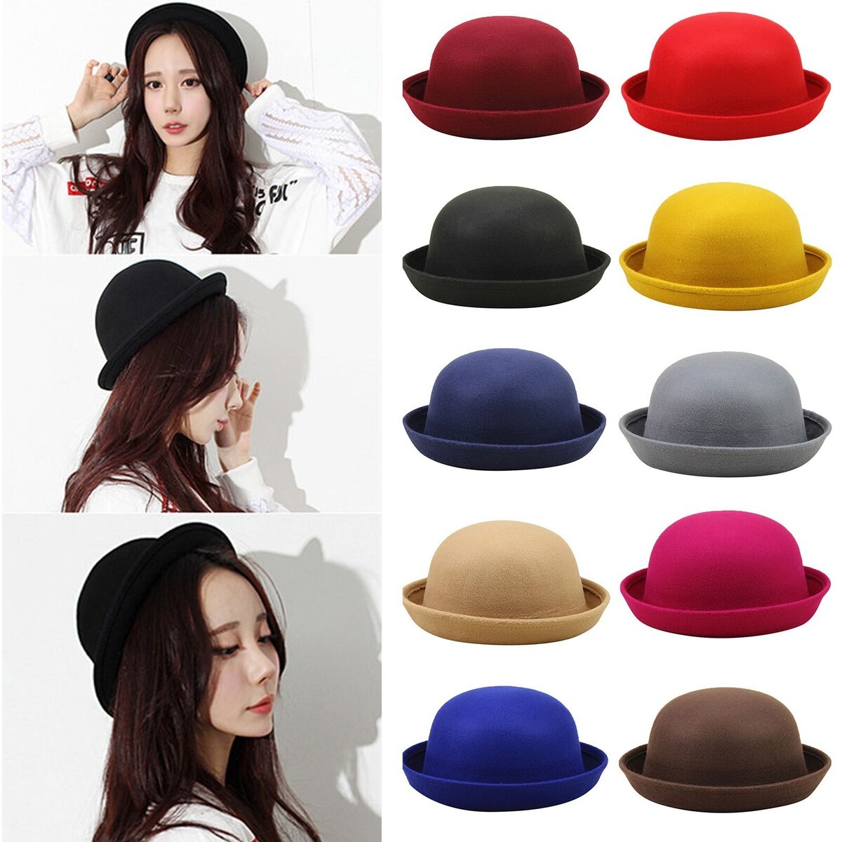 Classic Wool Round Bowler Hats Trendy Derby Fedora Bucket Classic Wool Round Bowler Hats Trendy Derby Fedora Bucket