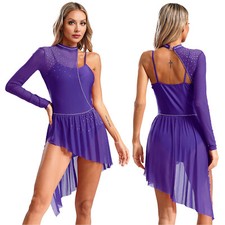 Womens Costume Mesh Dresses Adult Lyrical Dance Asymmetrical Dancewear Ballet