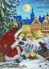 ACEO PRINT OF PAINTING RYTA CHRISTMAS GERMANY VILLAGE KRAMPUS BLACK CAT Folk Art