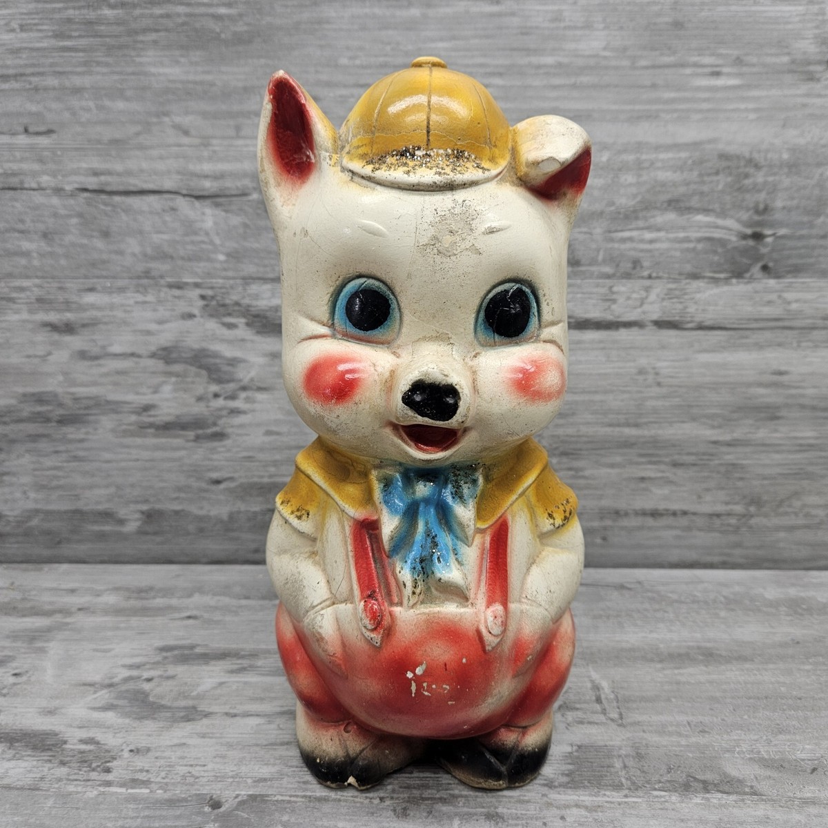 Vintage 1950s Chalkware Piggy Bank Carnival Prize Yellow Blue Red