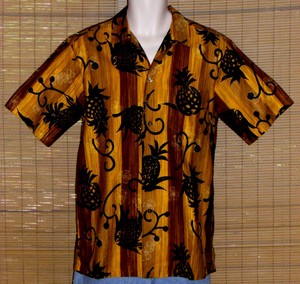 1950-Reyn-039-s-Men-039-s-Wear-Hawaiian-Shirt-Gold-Brown-Black-RARE-LABEL-Size-Small