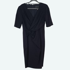 Ralph Lauren Black Label Faux Wrap Gathered Waist Shift Dress Wool Navy Size 2