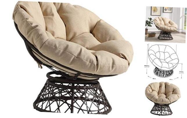 Wicker Papasan Chair with 360-Degree Swivel, Brown Frame with Cream Cushion