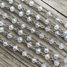 Clear AB Lite Crystal Rondelle Beaded Rosary Silver Eyepin Chain 6mm 2ft per Pkg