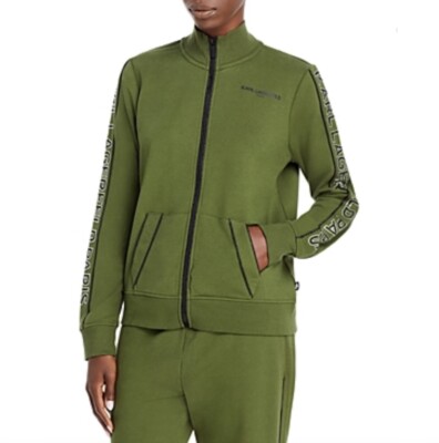 Karl Lagerfeld Embellished Zip Front Sweatshirt In Rifle Green Size