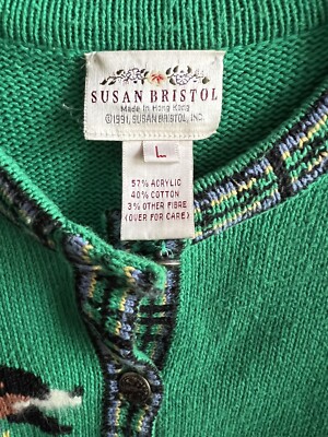 SUSAN BRISTOL GREEN DOG & CAT VINTAGE 1991 CARDIGAN SWEATER SIZE L