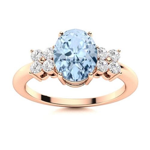 March Oval Aquamarine Gemstone Sterling Silver Solitaire with Accents Ring