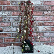 Primitive Rustic Style Weeping Willow Pip Berry Tree With Wood House Base Decor