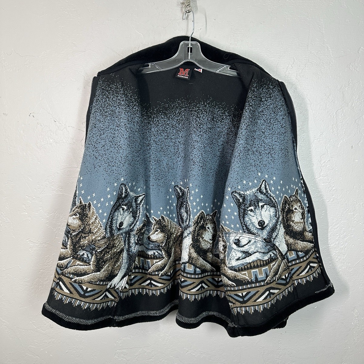 Vtg 90s Mazmania Fleece Jacket Black Blue Wolf Wolves Nature