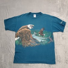 VTG Glacier Park Shirt Mens XL Teal Bald Eagle Single Stitch 90s Made in USA AOP