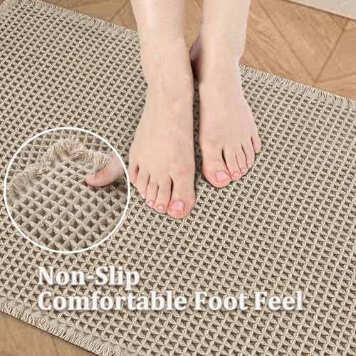 Waffle Bath Mat,Upgraded Washable Non Slip Bathroom Runner 17"x24" Beige - Picture 2 of 8