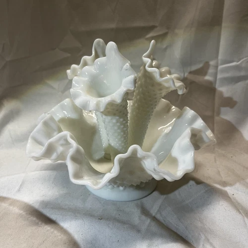 Vintage Fenton Milk Glass Hobnail Ruffled Epergne Three Horn Trumpet Vase