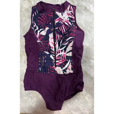 Womens Purple Floral Print Sleeveless Zip Front One Piece Swimsuit L