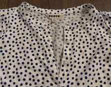 Boden Button Up 100% Cotton Knit Top Blue Polka Dot Balloon Sleeves Stretch US 6