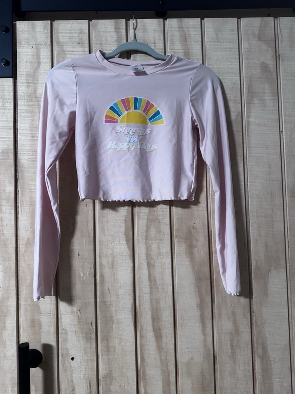 Art Class Girls Size XL Long Sleeve Cropped Swim Shirt Pink Sunrays & Happy Days