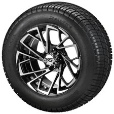 (4) Golf Cart 215/50-12 Deli Street Tires on 12x7 Black/Machined Stinger Wheels