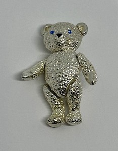 Silver Tone Articulated Teddy Bear Blue Eyes 1.5" Brooch Pin