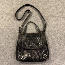 Vtg Fossil Crossbody Bag Womens Medium Black Leather Canvas Flap Key Charm Purse