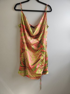 Pretty Little Thing Art To Wear Pink Green Dress Multi Abstract Satin Cowl Neck