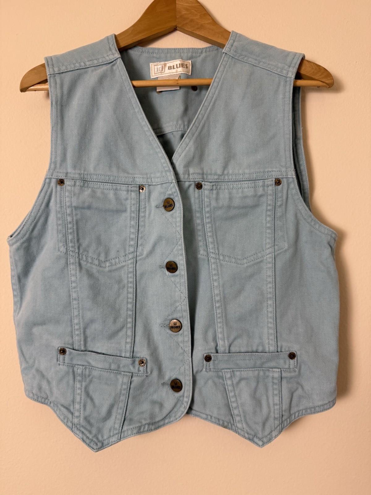 VTG 90s Colored Teal Sea Green Turquoise Blue Jean Denim Button V-Neck Vest Med