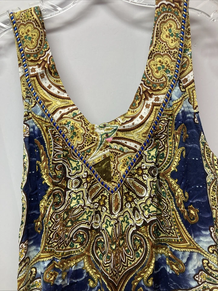 JOYOUS & FREE Sun Dress blue and gold  V-Neck Sleeveless Embellished   Size M - Image 3 of 4