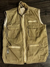 Vtg Ranger by The Trader KHAKI Multi Pocket Fishing Travel Vest Hooded Mens Sz L