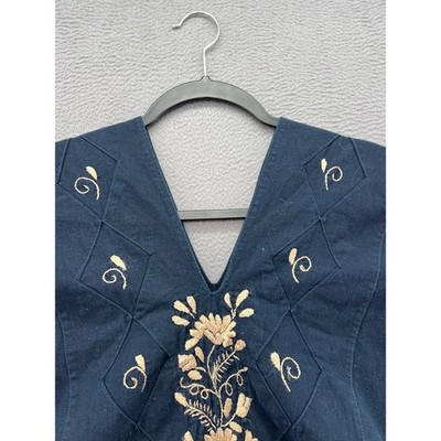 Womens Embroidered Kaftan Top Sz M V Neck Short Sleeve Dark Navy