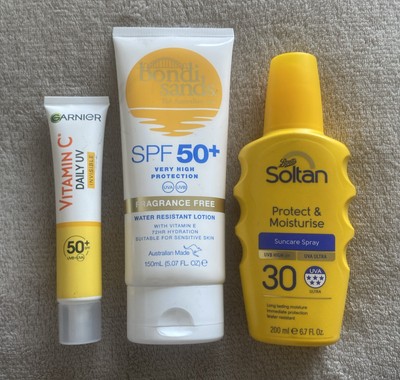 Bondi Sands LSF50+ 150ml, Soltan Spray LSF30 200ml & Garnier Vitamin C 50+ 40ml