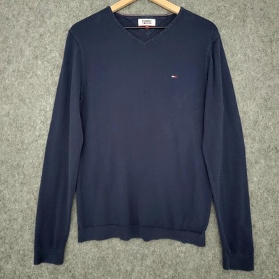 Tommy Jeans Sweater Mens Medium Navy Blue V-Neck Long Sleeve Flag Logo Pullover