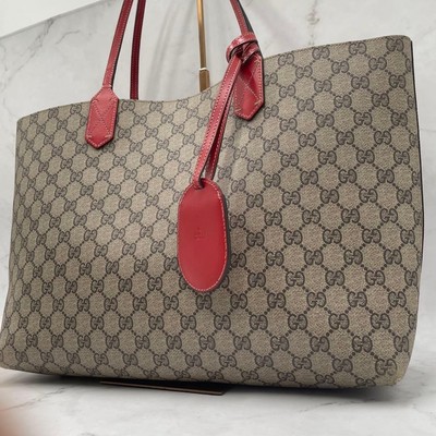 GUCCI GG Supreme Reversible Tote Bag A4 Canvas Leather Red Beige Authentic