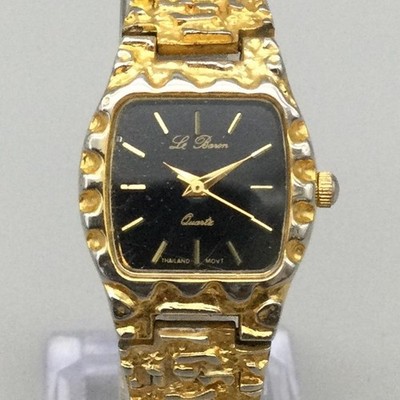 Le Baron Womens Watch 23mm Black Dial Gold Tone Nugget Bracelet New Battery
